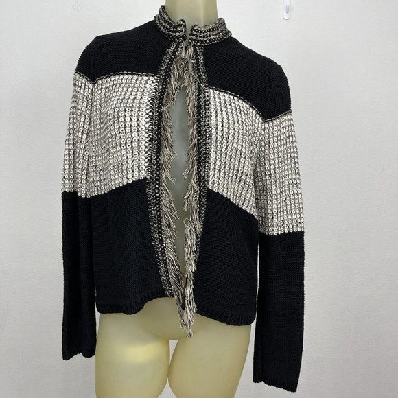 Chico's 1 Women's Arlene Cardigan Sweater black beige Cotton Size Medium Fringe - Picture 3 of 9